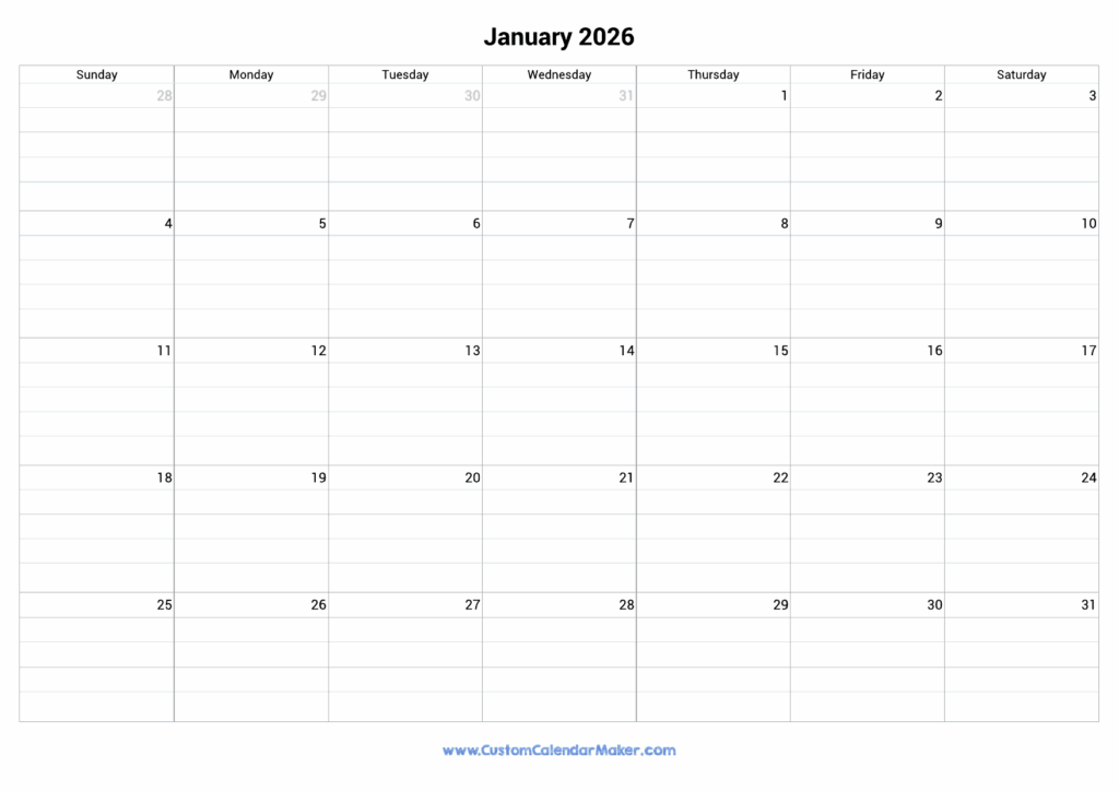 January 2026 Fillable Calendar Grid With Lines Custom Calendar Maker