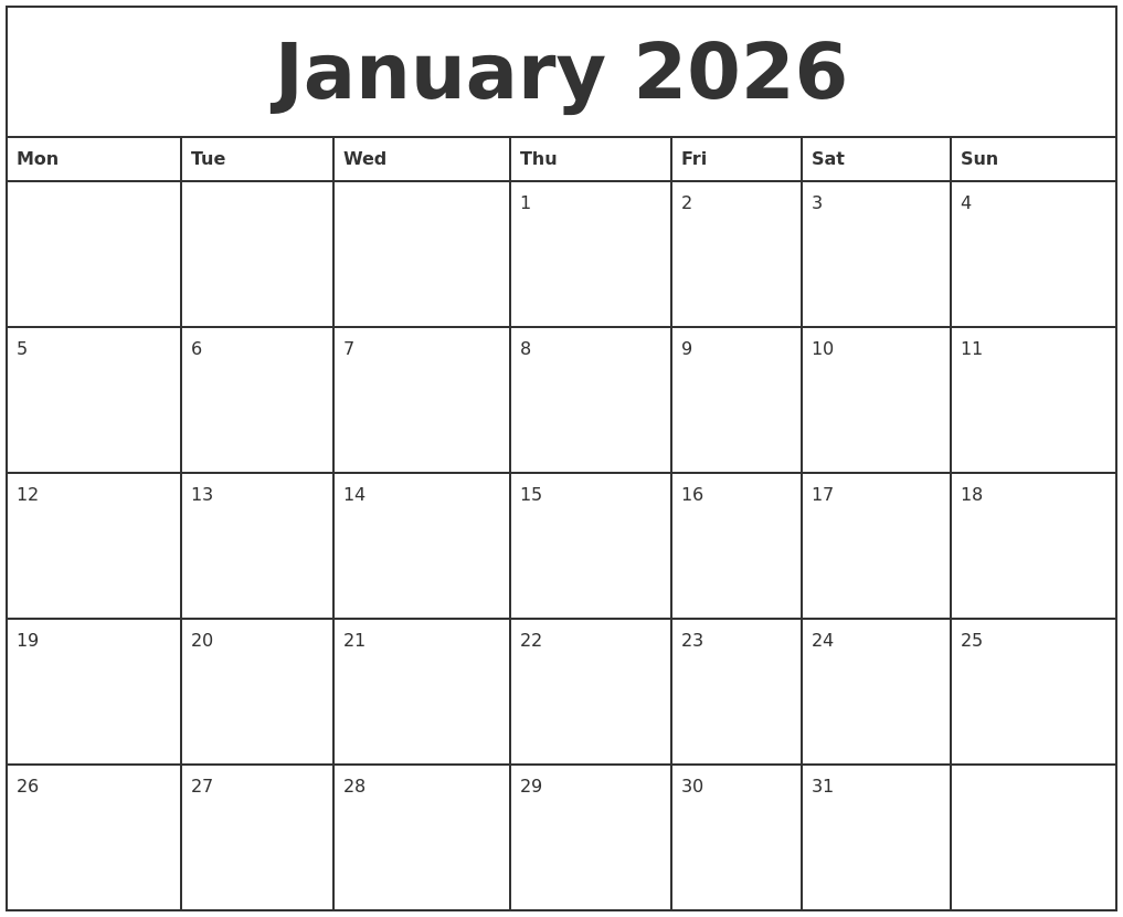 January 2026 Printable Monthly Calendar