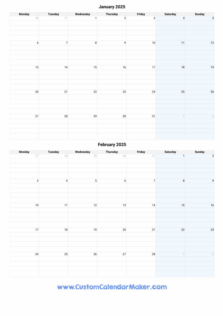 January February 2025 Calendar Template 2025 Printable Robert K Grady
