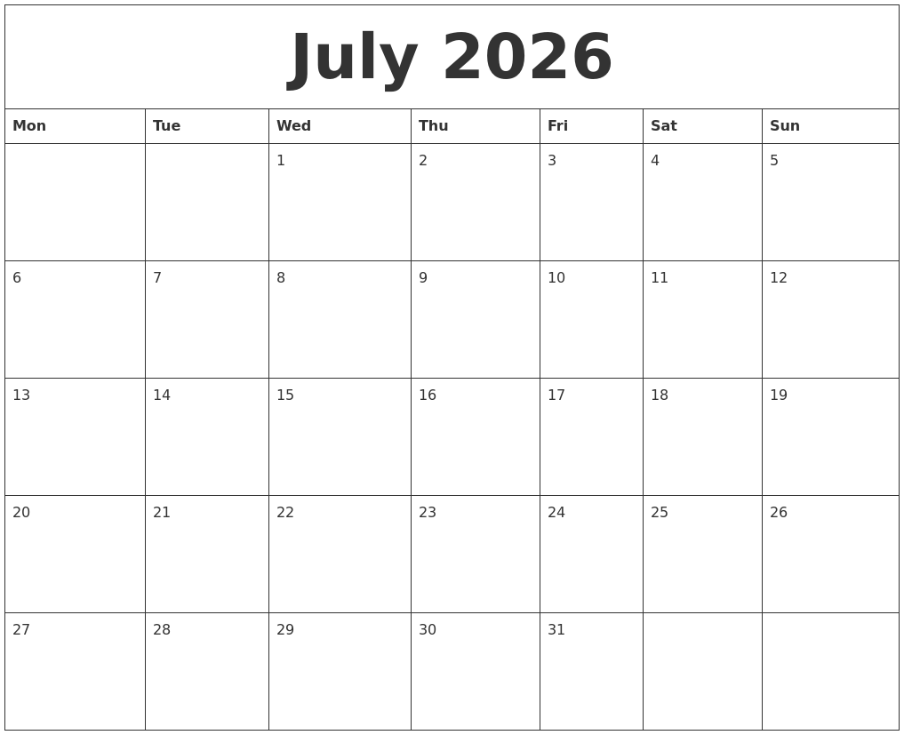 July 2026 Calendar Free Printable