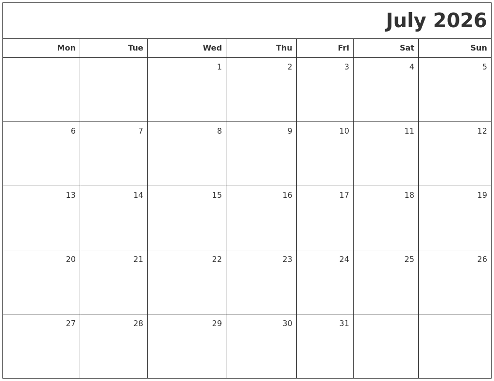 July 2026 Printable Blank Calendar