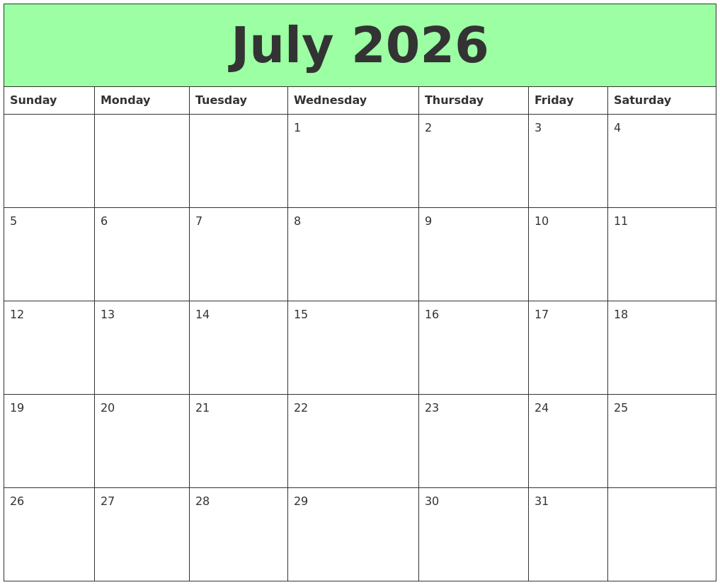 July 2026 Printable Calendars