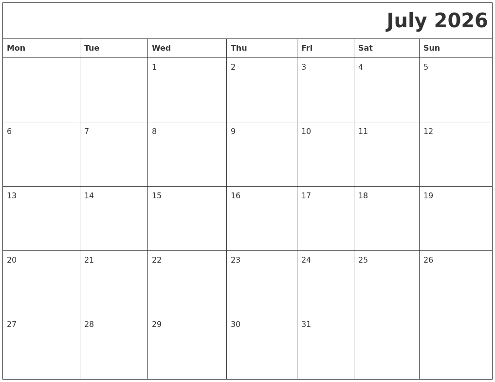 July 2026 Printable Calender