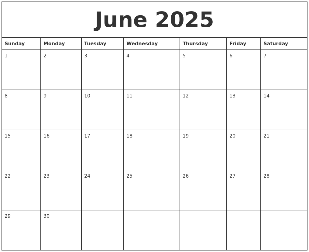 June 2025 Printable Monthly Calendar