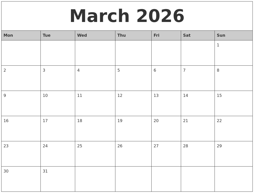March 2026 Monthly Calendar Printable