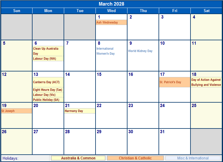 March 2028 Australia Calendar With Holidays For Printing image Format 
