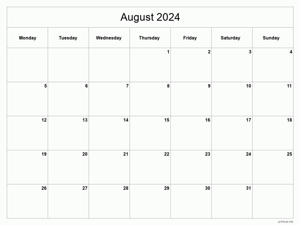 Monthly Calendar August 2025 Printable Hiro Vanvos