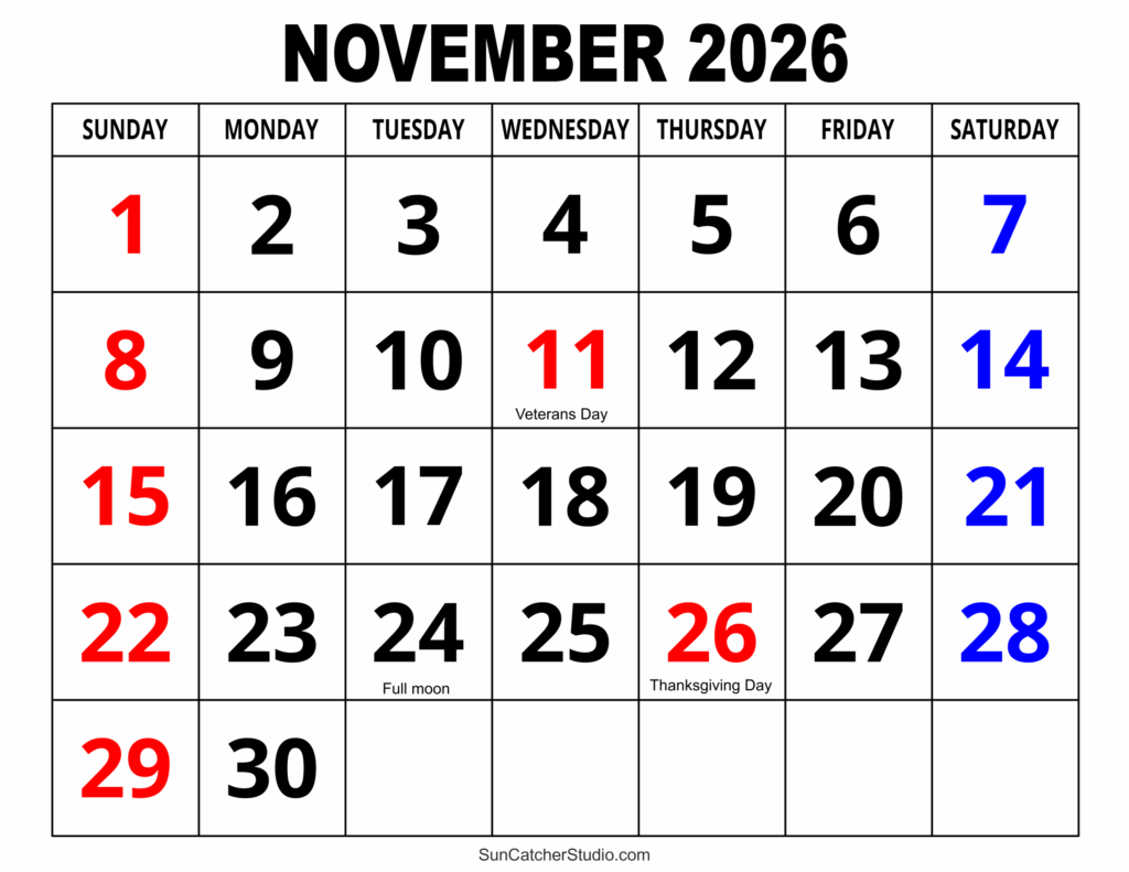 November 2026 Calendar Free Printable DIY Projects Patterns 