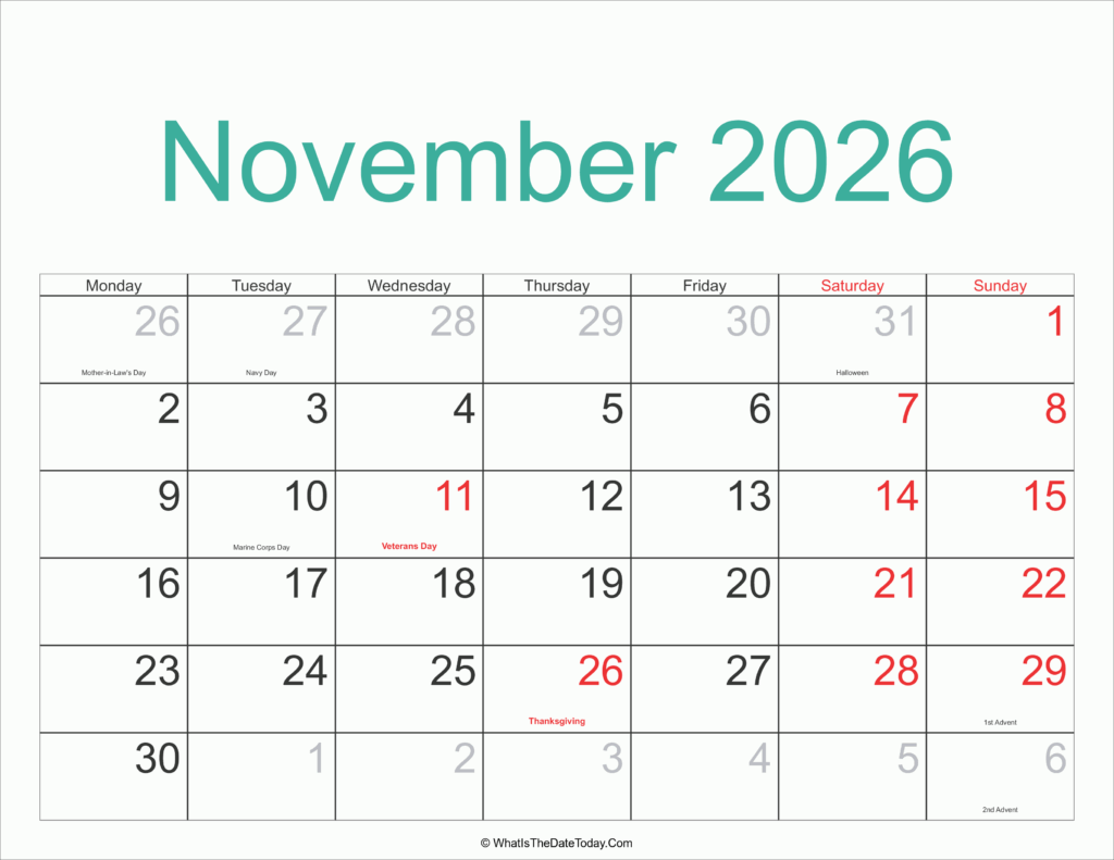 November 2026 Calendar Printable With Holidays Whatisthedatetoday Com