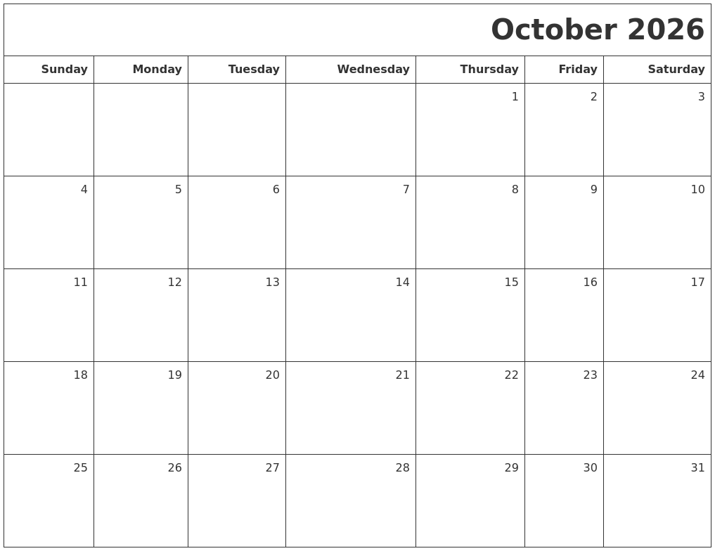 October 2026 Printable Blank Calendar