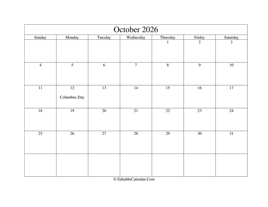 October 2026 Printable Calendar With Holidays