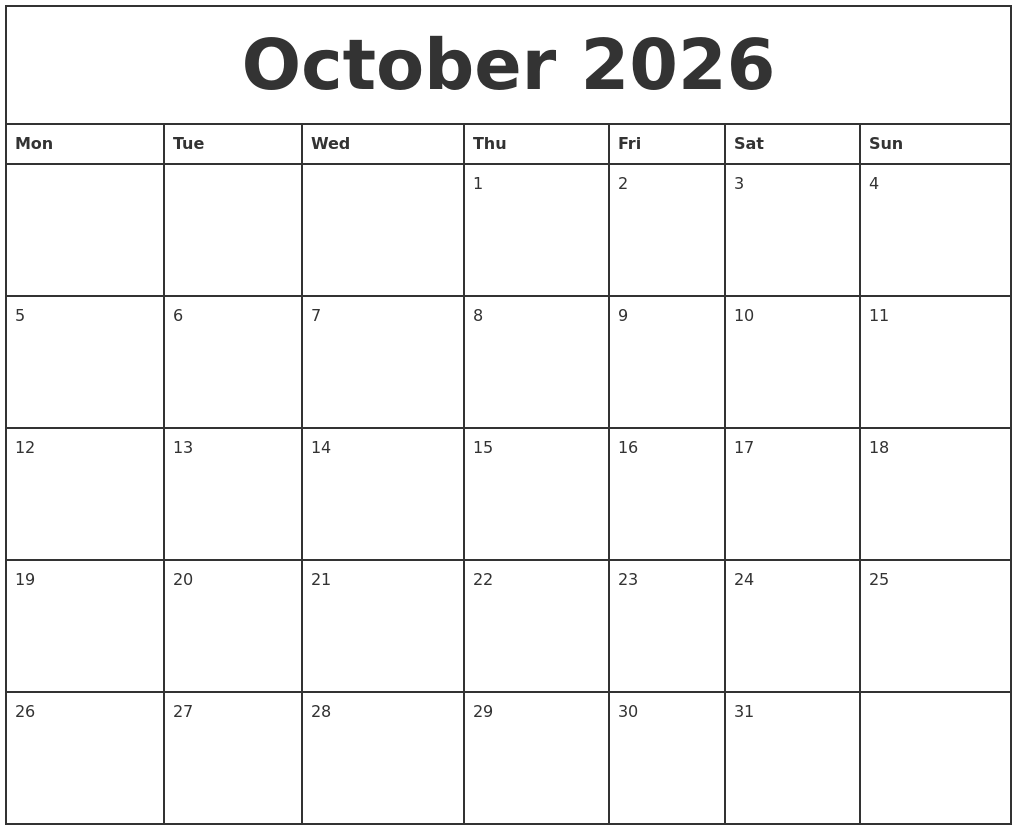 October 2026 Printable Monthly Calendar