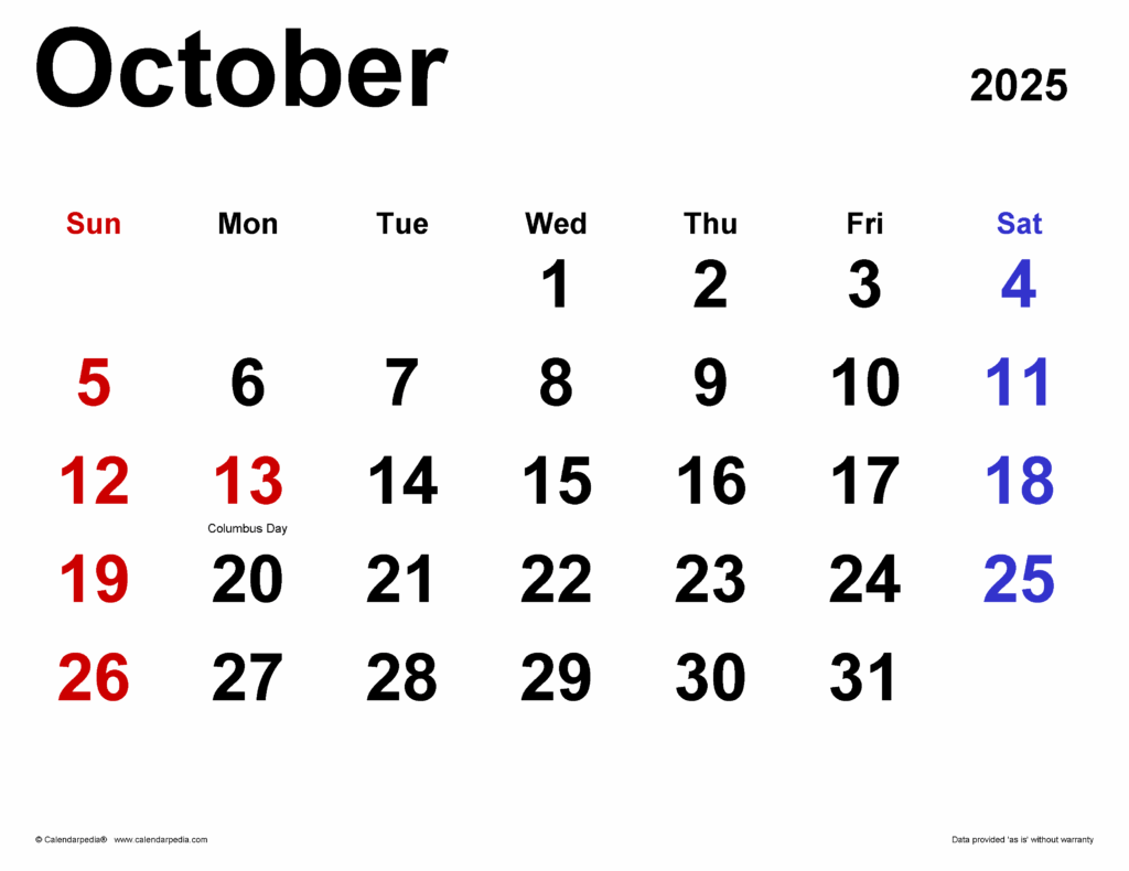 October Calendar Printable 2025 Carol Arnold