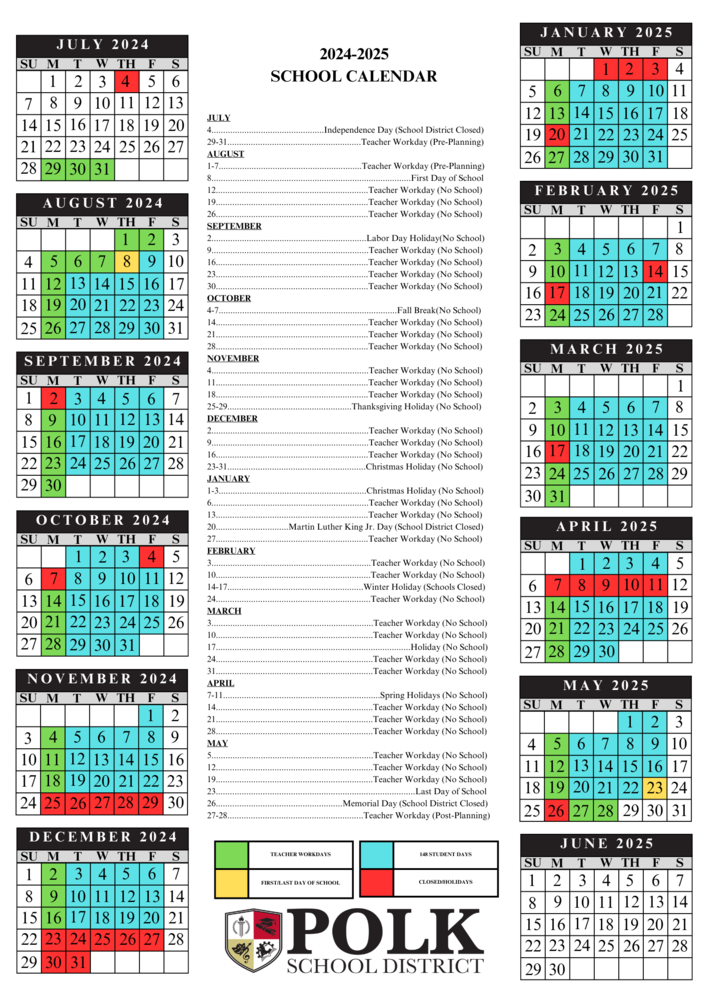 Polk County School Calendar 2025 To 2025 Printable Lilly J Arnold
