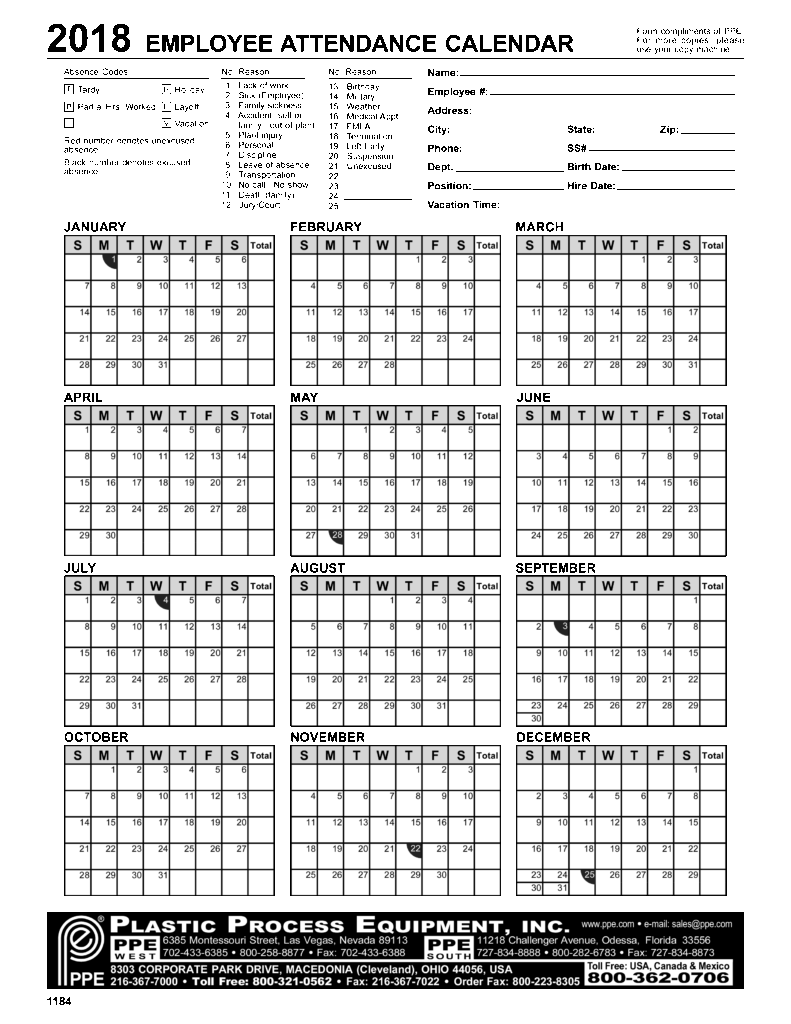 Printable 2025 Employee Attendance Calendar Hassan Rhea