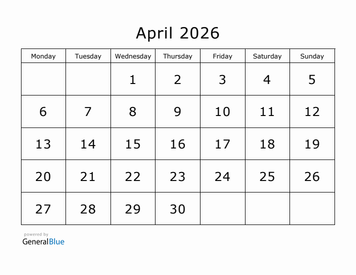 Printable April 2026 Calendar