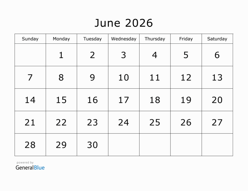 Printable June 2026 Calendar