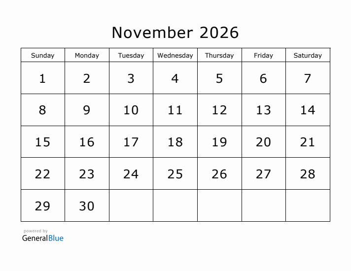 Printable November 2026 Calendar