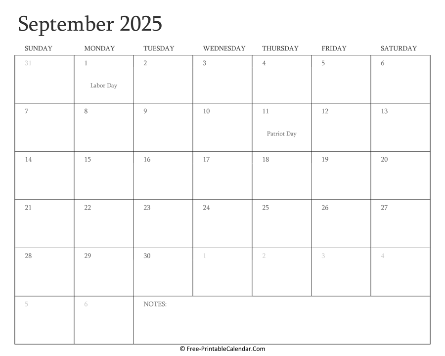 Printable September Calendar 2025 With Holidays
