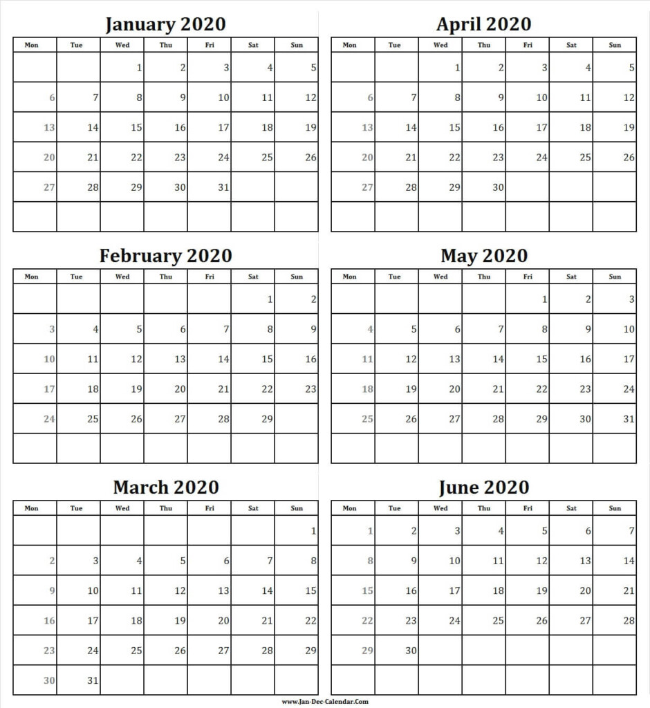 Printable Six Month Calendar 2020 Example Calendar Printable