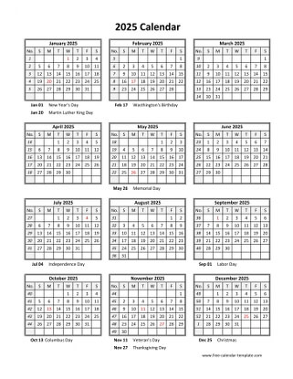 Printable Yearly Calendar 2025 With US Holidays Free calendar 