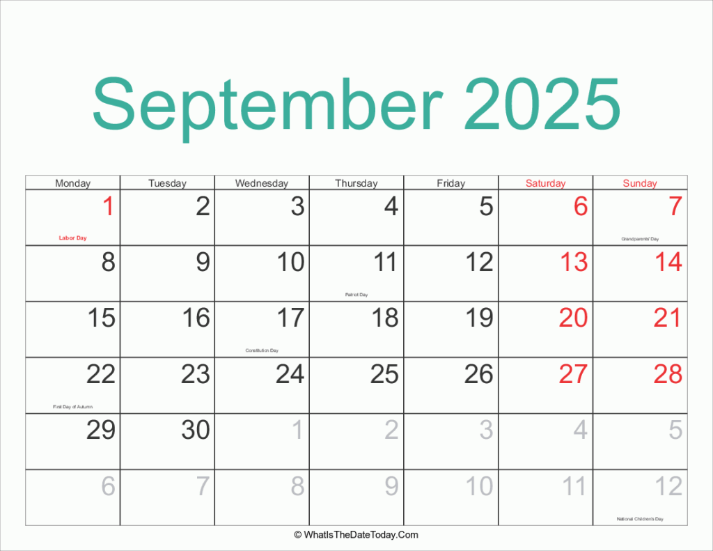 September 2025 Calendar Printable With Holidays Whatisthedatetoday Com