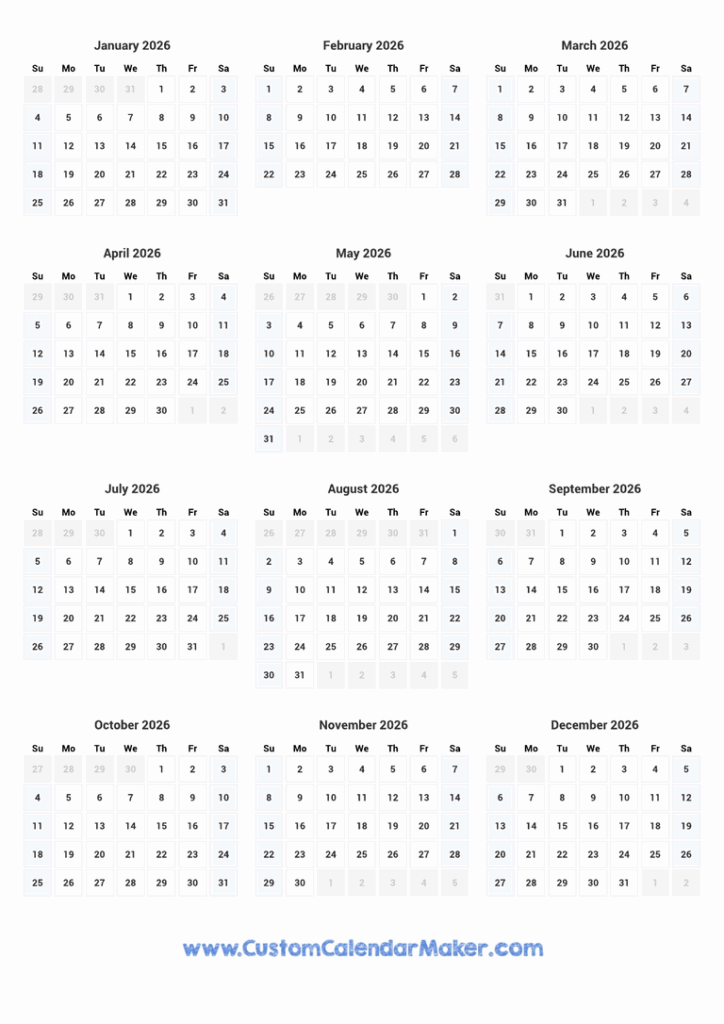 2025 2026 Calendar At A Glance Printable Coloring Illa Melesa