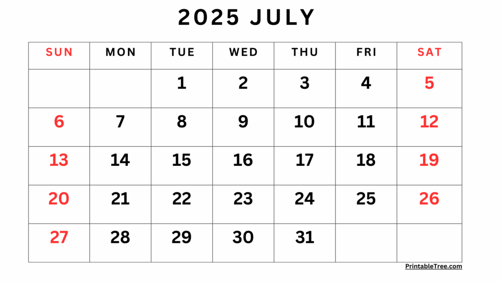 2025 July Calendar Free Printable Ian D Hunter