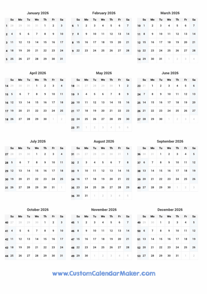 2026 Calendar With Week Numbers Printable Eudora Florida