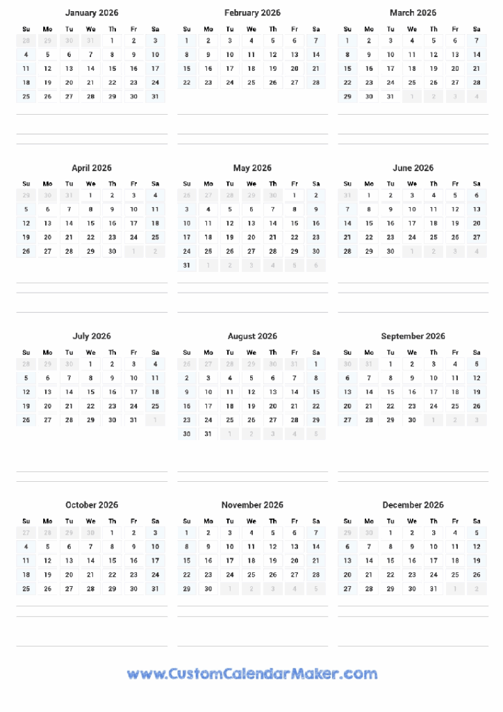 2026 Portrait Calendar 12 Month Vertical Calendar