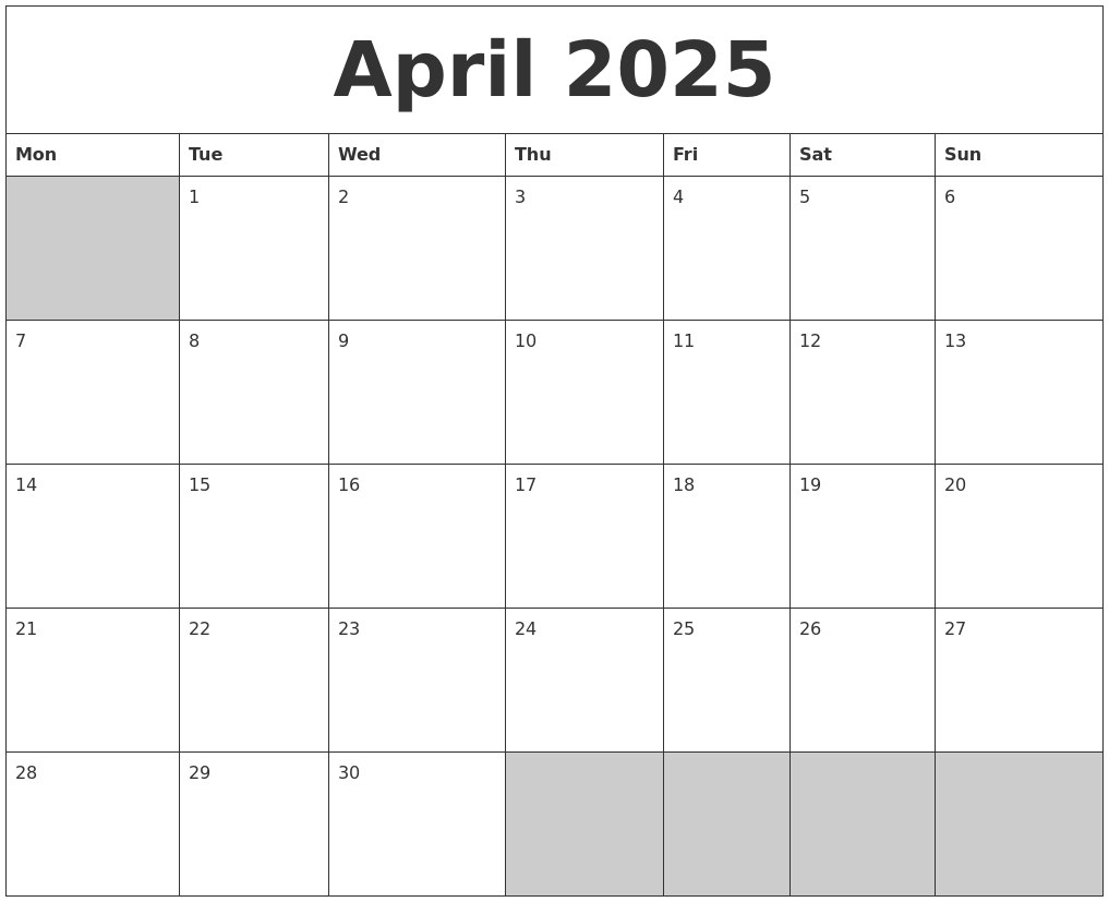 April 2025 Blank Printable Calendar