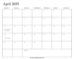 April 2025 Calendar Horizontal Layout 