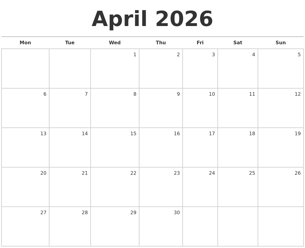 April 2026 Blank Monthly Calendar