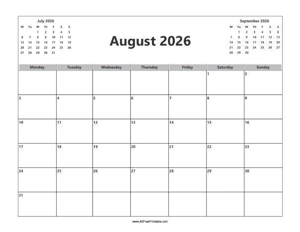 August 2026 Calendar Free Printable