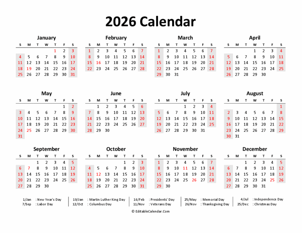 Download Printable 2026 Calendar Word PDF Version 