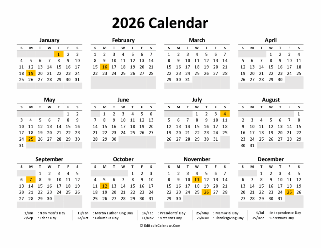 Download Printable Calendar 2026 Free PDF Version 