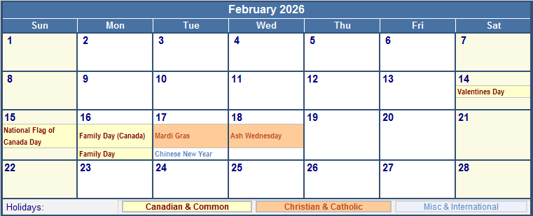 February 2026 Canada Calendar With Holidays For Printing image Format 