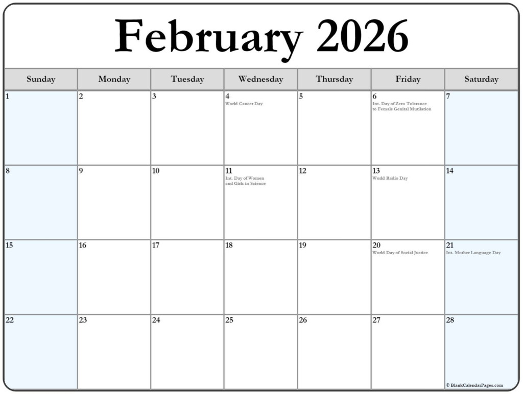 February 2026 With Holidays Calendar
