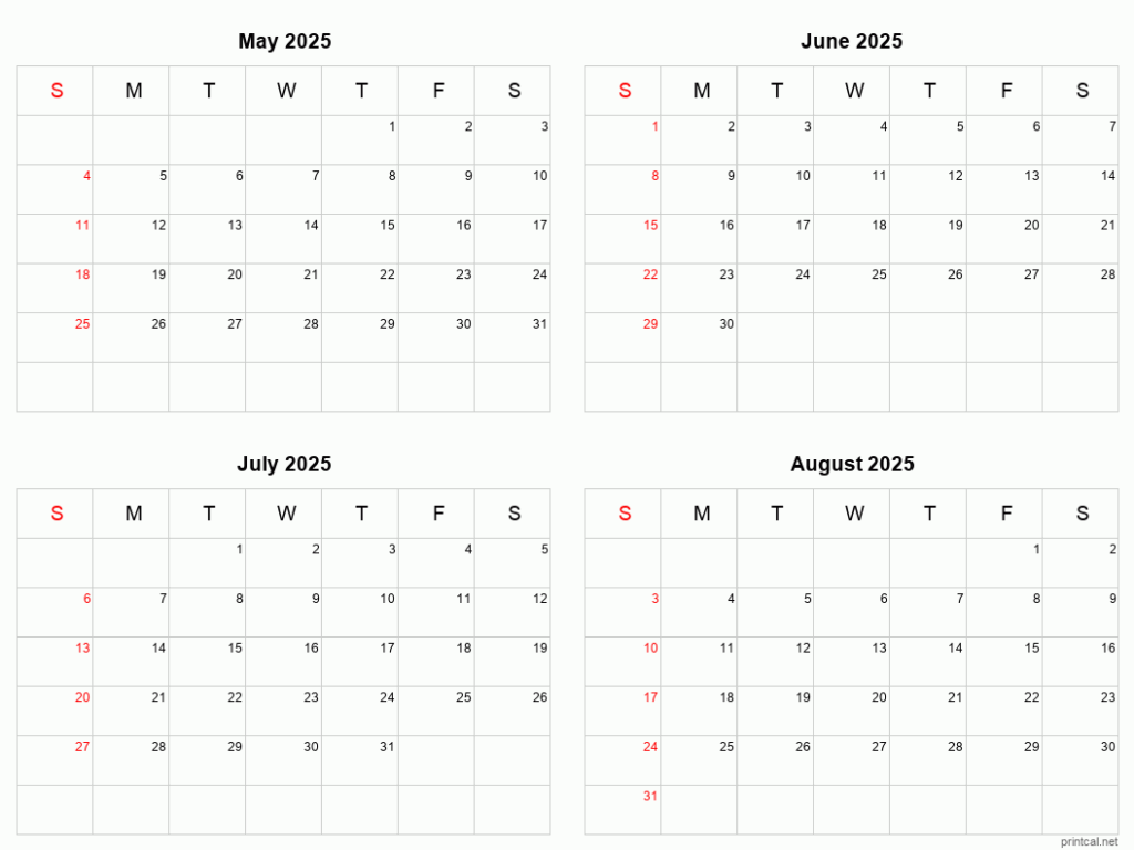Four Month Calendar Printable 2025 Free Adam Webster