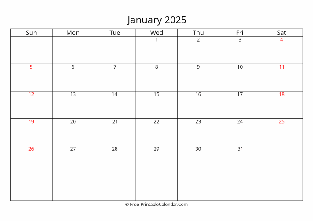 Free Printable Calendar January 2025 Weeks Start On Sunday