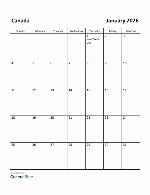 Free Printable January 2026 Calendar For Canada