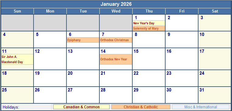 January 2026 Canada Calendar With Holidays For Printing image Format 