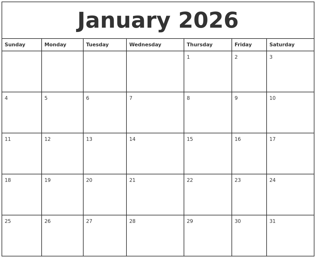 January 2026 Printable Monthly Calendar