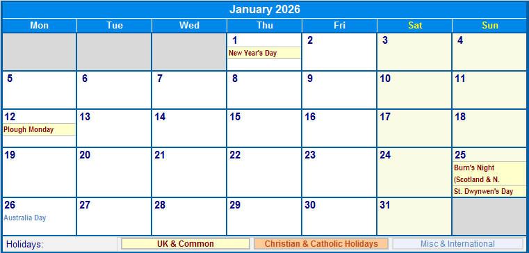 January 2026 UK Calendar With Holidays For Printing image Format 