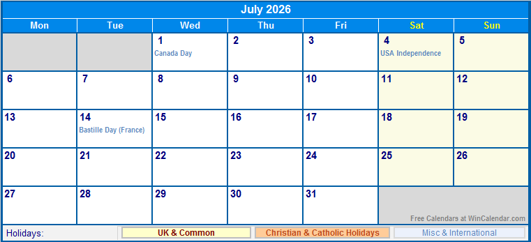 July 2026 UK Calendar With Holidays For Printing image Format 