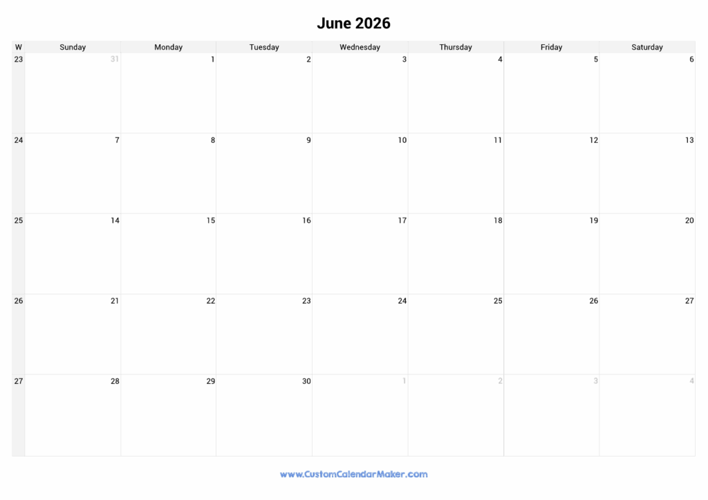 June 2026 Printable Calendar With Week Numbers Custom Calendar Maker