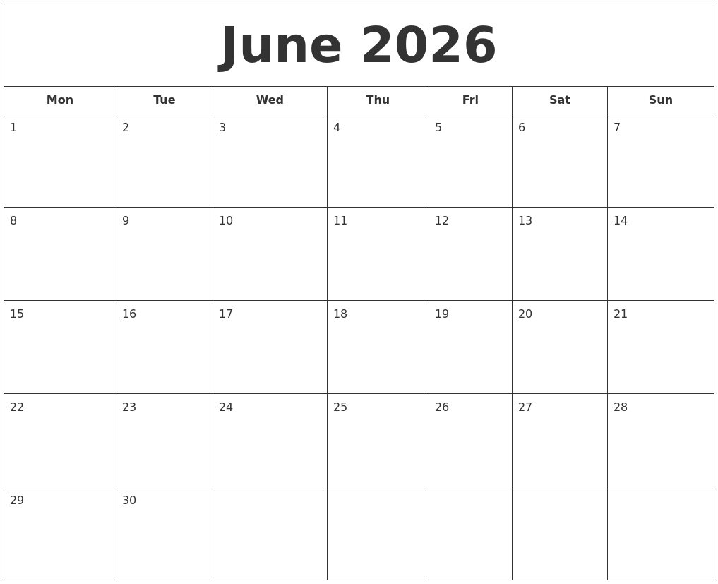 June 2026 Printable Calendar