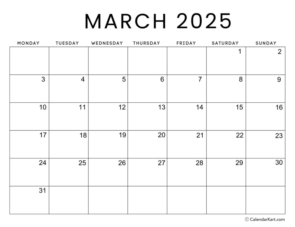 March 2025 Calendar Printable Monday Start 2025 Wini Amandie