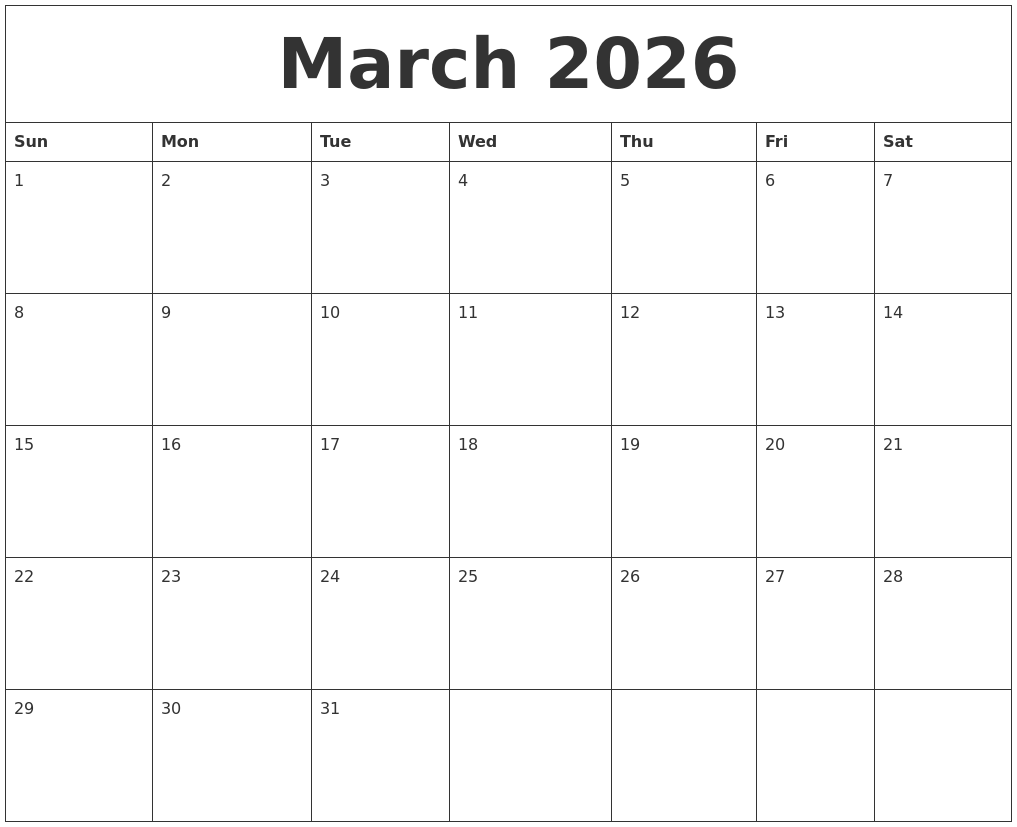 March 2026 Calendar Free Printable