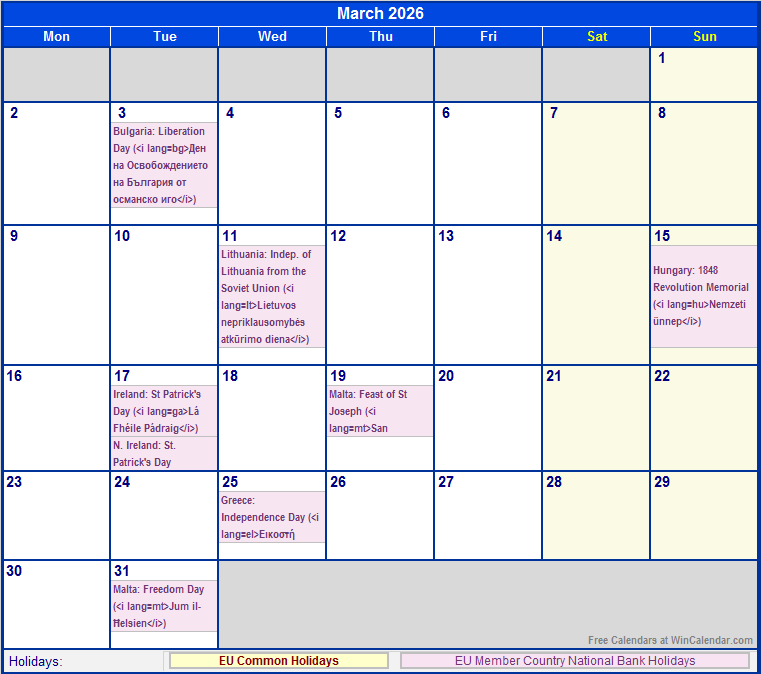March 2026 EU Calendar With Holidays For Printing image Format 